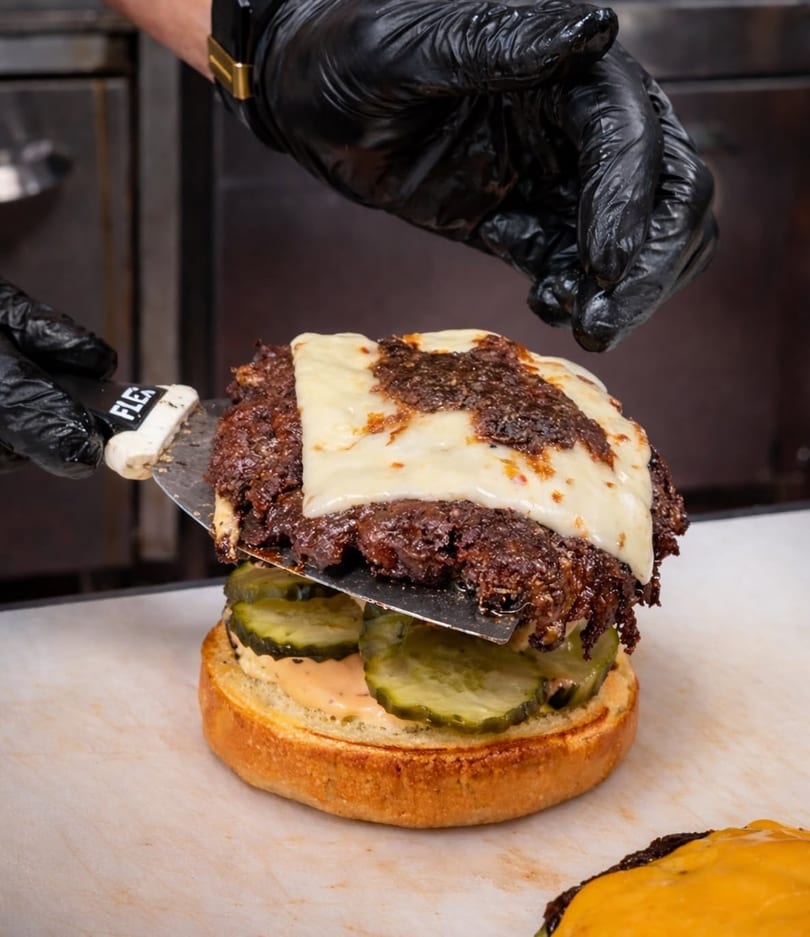 Gloved hands assemble a burger, placing a cheesy patty onto a bun with pickles and sauce.