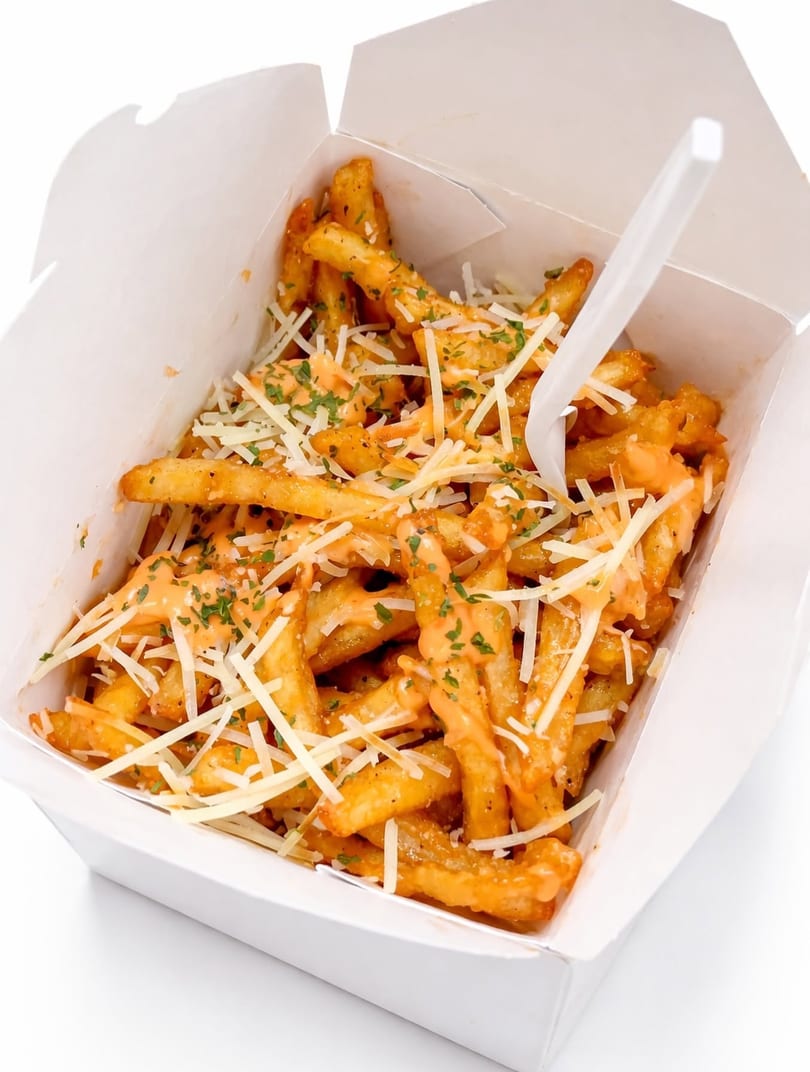 Crispy french fries topped with creamy orange sauce, shredded cheese, and green herbs in a white box.